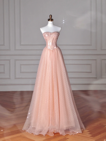 Robe de bal longue rose pêche sans bretelles, sequins et tulle, coupe trapèze, référence Y8645