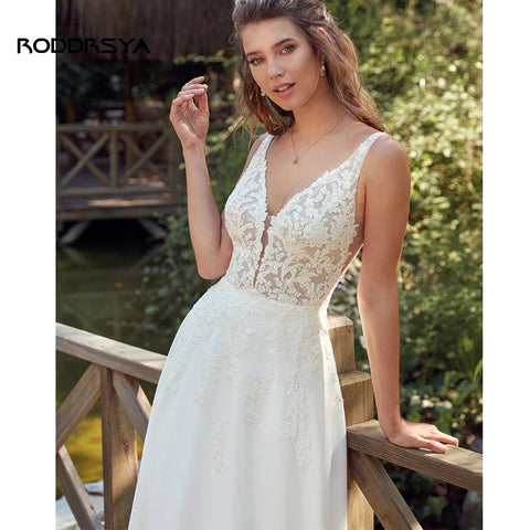 RODDRSYA Boho Wedding Dresses For Women  V-Neck Appliques Backless Bridal Gown With Button Vestidos De Novia  Custom Made