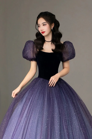 Vestido de noche formal de tul morado de manga corta, estilo línea A, modelo Y4291