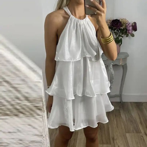 Vestido de fiesta corto de organza azul sencillo con cuello halter y capas, modelo Y8089