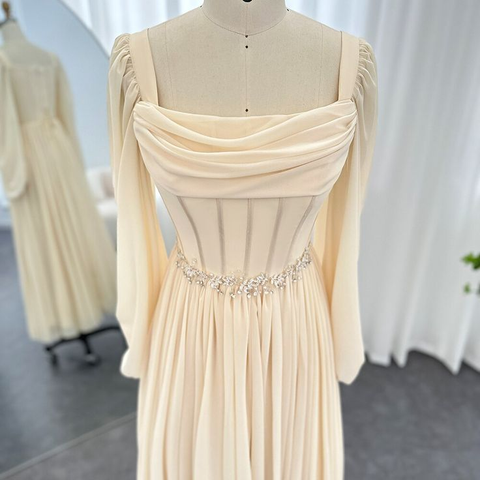 Vestido corto midi árabe beige con cinturón, manga larga, largo té, para mujer, ideal para bodas y fiestas formales (Y4847)