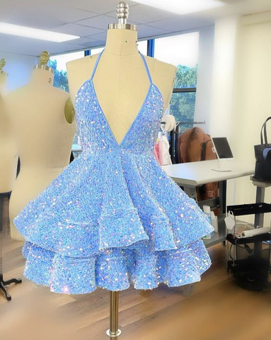 Vestido corto de fiesta con lentejuelas azules, vestido de bienvenida Y1408