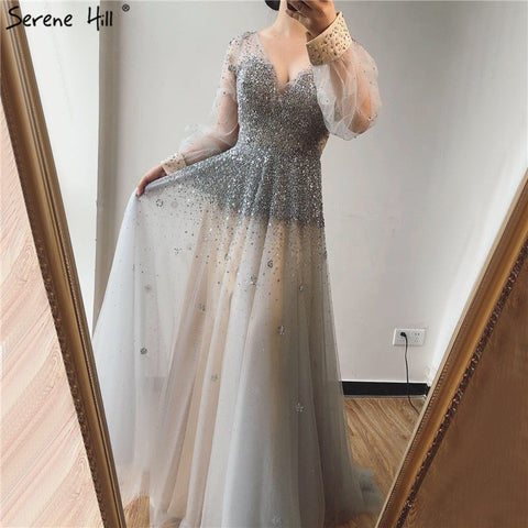 Real Photo Grey Deep-V Sexy Evening Dresses 2025 Long Sleeves Beading Sequined A-Line Evening Gowns LA70211