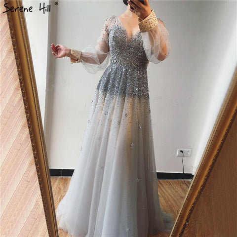 Real Photo Grey Deep-V Sexy Evening Dresses 2025 Long Sleeves Beading Sequined A-Line Evening Gowns LA70211