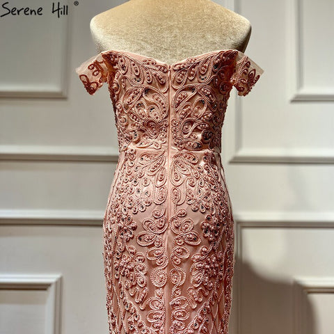 Real Photo Pink Sleeveless Pearls Diamond Evening Gowns 2025 Mermaid Off Shoulder Sexy Lace Evening Gowns LA60827
