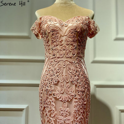 Real Photo Pink Sleeveless Pearls Diamond Evening Gowns 2025 Mermaid Off Shoulder Sexy Lace Evening Gowns LA60827