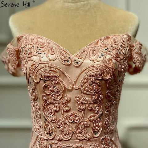 Real Photo Pink Sleeveless Pearls Diamond Evening Gowns 2025 Mermaid Off Shoulder Sexy Lace Evening Gowns LA60827