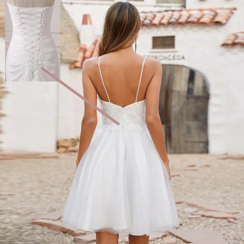 Vestido de novia de corte A con tirantes finos, escote en V, apliques de tul brillante, vestido de novia corto sin espalda para novia 