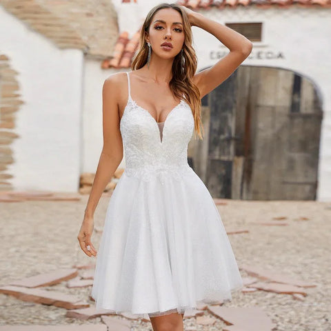 Vestido de novia de corte A con tirantes finos, escote en V, apliques de tul brillante, vestido de novia corto sin espalda para novia 