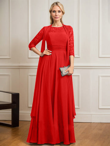 A-line Scoop Illusion Floor-Length Lace Chiffon Mother of the Bride Dress With Pleated