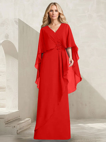 A-line V-Neck Floor-Length Chiffon Mother of the Bride Dress With Cascading Ruffles Beading