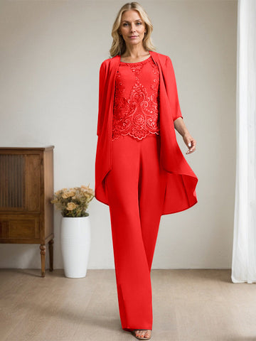 Separates Jumpsuit/Pantsuit Scoop Floor-Length Chiffon Lace Mother of the Bride Dress With Beading Sequins
