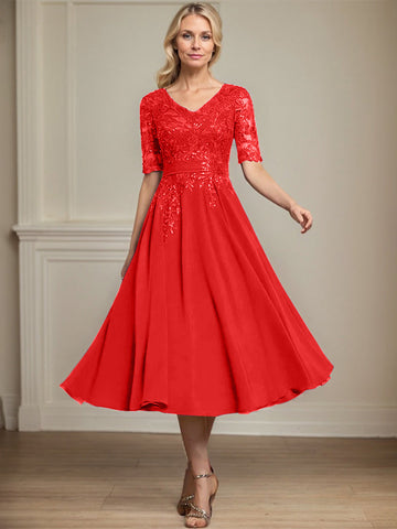 A-line V-Neck Tea-Length Lace Chiffon Mother of the Bride Dress With Sequins