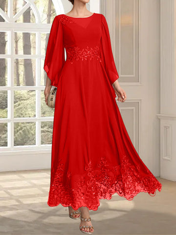 A-line Scoop Illusion Ankle-Length Lace Chiffon Mother of the Bride Dress With Sequins