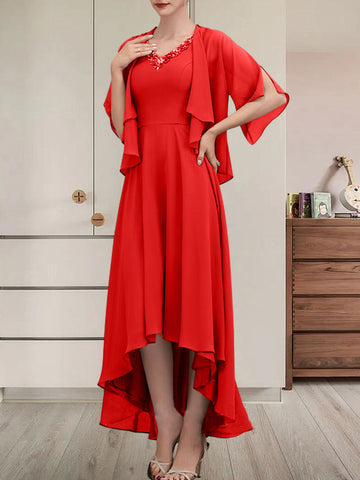 A-line V-Neck Asymmetrical Chiffon Mother of the Bride Dress With Beading Sequins