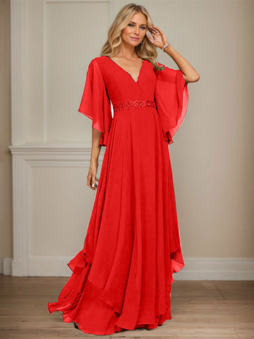 A-line V-Neck Floor-Length Chiffon Mother of the Bride Dress With Sequins Appliques Lace Beading