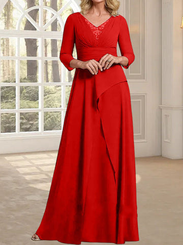 A-line V-Neck Floor-Length Chiffon Mother of the Bride Dress With Pleated Beading