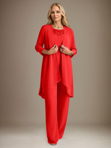 Chiffon Scoop Long Sleeves Mother Of The Bride Pantsuits With Jacket