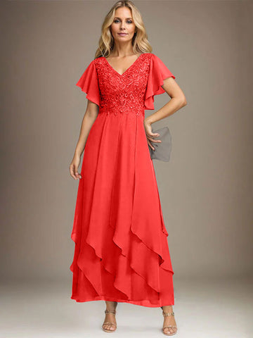 A-line V-Neck Ankle-Length Lace Chiffon Mother of the Bride Dress With Cascading Ruffles