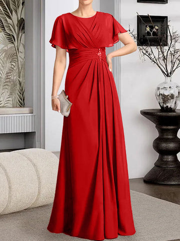 A-line Scoop Floor-Length Chiffon Mother of the Bride Dress With Pleated Beading