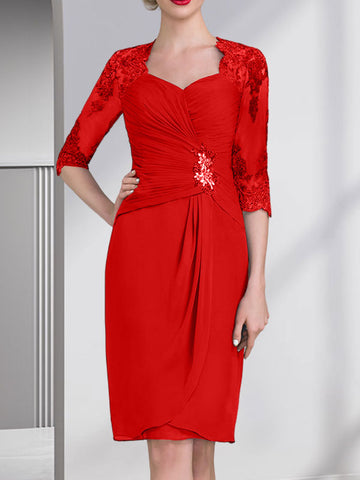 Sheath/Column Sweetheart Knee-Length Chiffon Mother of the Bride Dress With Beading Appliques Lace Sequins Pleated