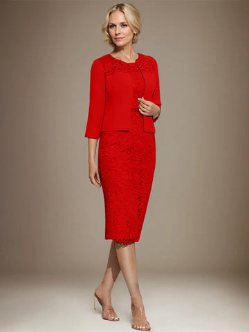 Sheath/Column Scoop Knee-Length Chiffon Lace Mother of the Bride Dress With Beading