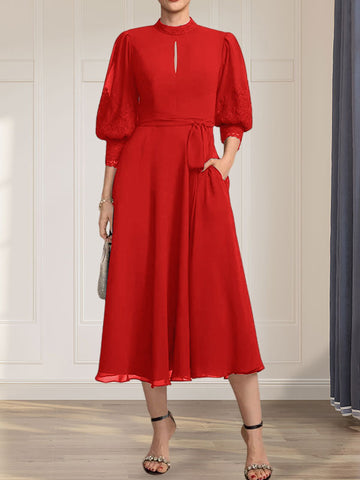 A-line High Neck Tea-Length Lace Chiffon Mother of the Bride Dress With Bow