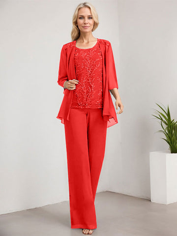 Separates Jumpsuit/Pantsuit Scoop Floor-Length Lace Chiffon Mother of the Bride Dress With Sequins