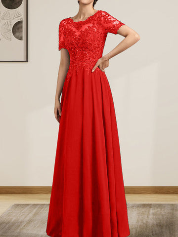 A-line Scoop Illusion Floor-Length Chiffon Lace Mother of the Bride Dress With Sequins Beading