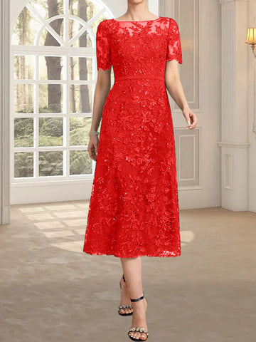 A-line Scoop Illusion Tea-Length Lace Mother of the Bride Dress With Sequins