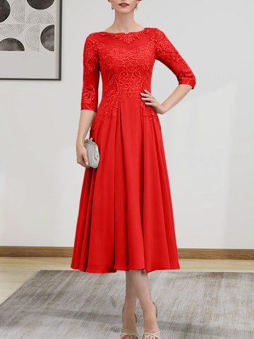 A-line Scoop Illusion Tea-Length Chiffon Lace Mother of the Bride Dress With Beading Sequins