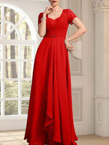 A-line Sweetheart Floor-Length Chiffon Lace Mother of the Bride Dress With Beading Cascading Ruffles