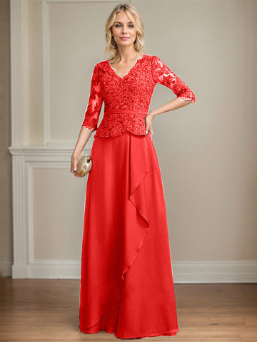 A-line V-Neck Floor-Length Lace Chiffon Mother of the Bride Dress With Cascading Ruffles Sequins