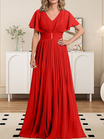A-line V-Neck Floor-Length Chiffon Mother of the Bride Dress With Crystal Brooch Pleated