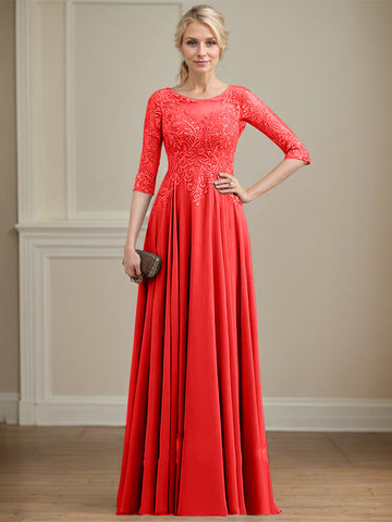 A-line Scoop Illusion Floor-Length Lace Chiffon Mother of the Bride Dress With Sequins