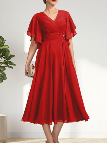 Vestido de corte A, escote en V, largo té, de gasa, para la madre de la novia, con plisados ​​y cuentas.