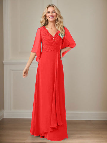 A-Line V-Neck Long Sequins Chiffon Mother Dress