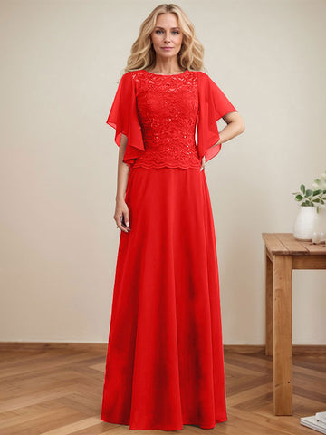 A-line Scoop Illusion Floor-Length Lace Chiffon Mother of the Bride Dress With Sequins
