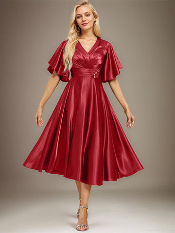A-line V-Neck Tea-Length Stretch Satin Mother of the Bride Dress With Beading Pleated