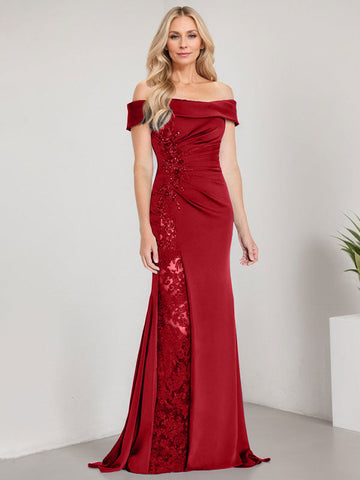 A-Line Off the Shoulder Floor-Length Mother of the Bride Dress Applique Beadings Mermaid Dress With  High Split