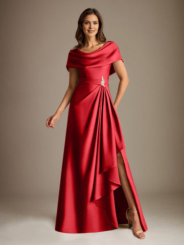 A-Line Scoop Floor-Length Stretch Satin Mother of the Bride Dress With Cascading Ruffles