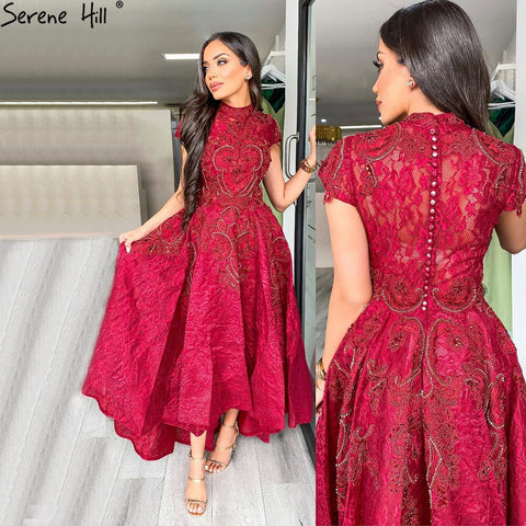 Red Asymmetrical Luxury Lace Evening Dresses 2025 Sleeveless Sexy Beading Cryastal Formal Dress LA70227