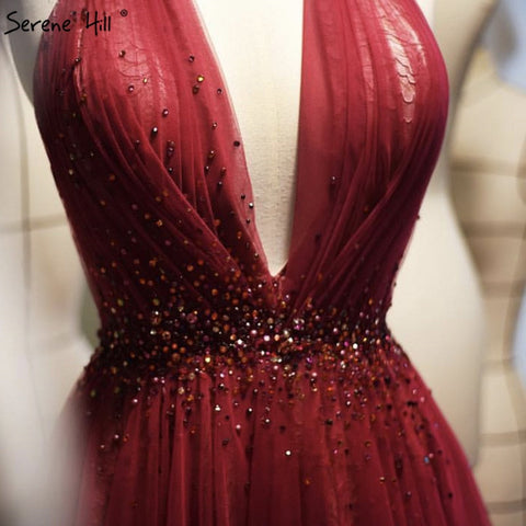 On Sale no return no refundSale Red Halter Sexy Sleeveless Evening Dresses 2025 Crystal A-Line Tulle Formal Dress Design LA70348