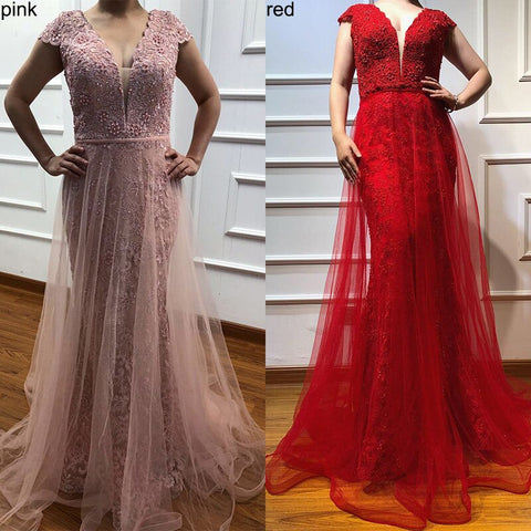 On Sale no return no refundSale Red Lace Pearls V-Neck Evening Dresses Design 2025 Cap Sleeve Sexy Mermaid Formal Dress LA6604