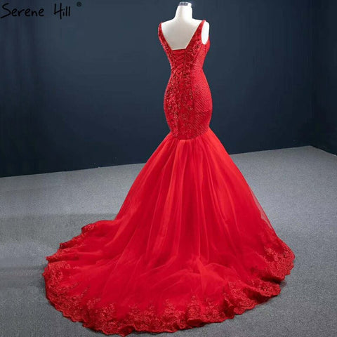 Red Mermaid Sexy Sleeveless Evening Dresses 2025 V-Neck Beading Crystal Lace Formal Dress HM67151
