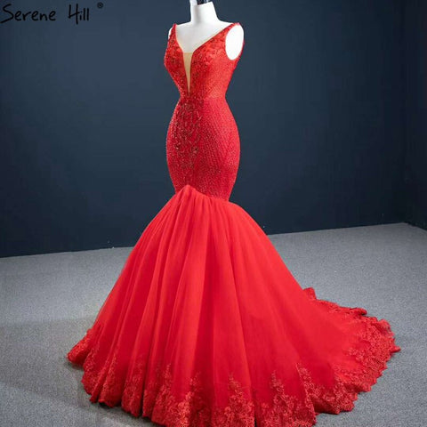 Red Mermaid Sexy Sleeveless Evening Dresses 2025 V-Neck Beading Crystal Lace Formal Dress HM67151
