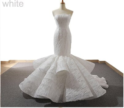 Vestido de novia rojo de hombros descubiertos, sexy y con apliques y volantes, estilo sirena, de última moda (foto real HM66614). 