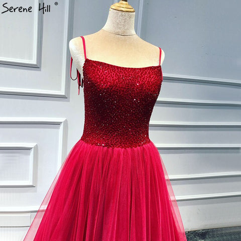 On Sale no return no refundSale Red Strapless Sexy A-Line Evening Dresses Latest Design Sleeveless Sequined Beading Formal Dress Real Photo LA70004