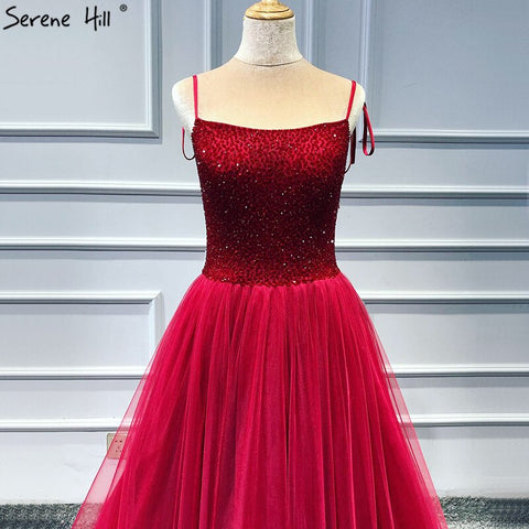 On Sale no return no refundSale Red Strapless Sexy A-Line Evening Dresses Latest Design Sleeveless Sequined Beading Formal Dress Real Photo LA70004