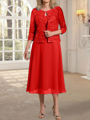 A-line Scoop Tea-Length Lace Chiffon Mother of the Bride Dress With Sequins